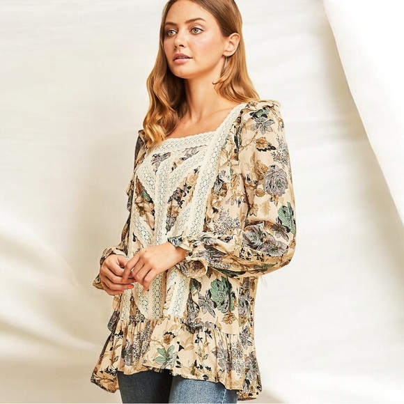 Yellow Cream Multi Color Embroidered Lace Floral Top - Picture 2 of 6